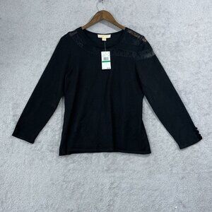 NEW Michael Kors Womens L Crewneck Lace Long sleeve Knit Top Black